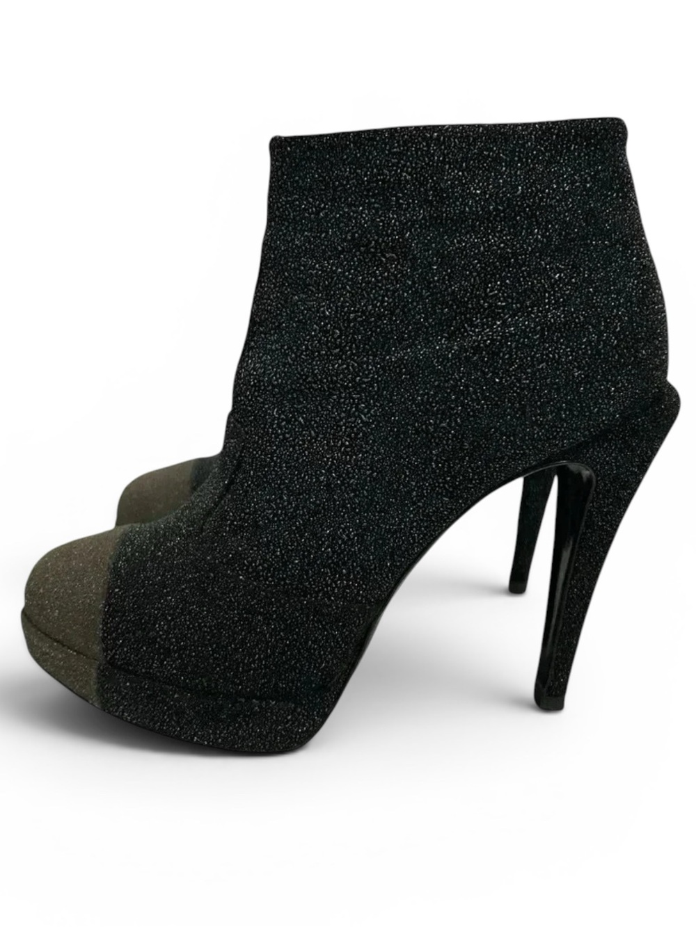 Chanel Glitter Suede CC Cap Toe Ankle Boots Black 40.5 Stiletto Heels